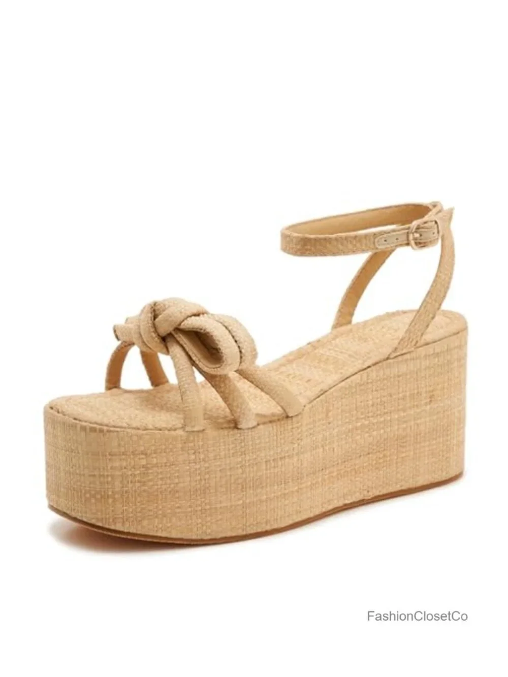 Natural Raffia Platform Wedge Sandals with Bow Knot Ankle Strap